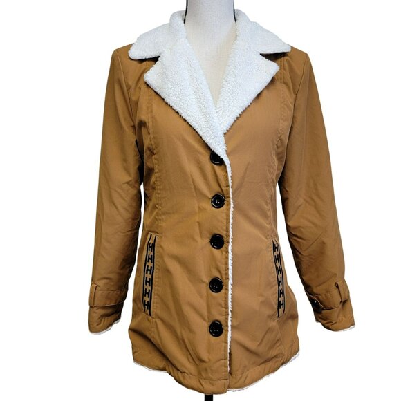 Brown Faux Sherpa Lined Coat Juniors Sz XL Button Front Jacket Boho Bohemian - Picture 1 of 9